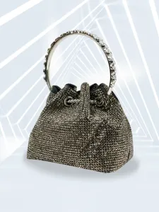 Sparkling rhinestone bucket evening bag with crystal ring handle for party dress fashion use.