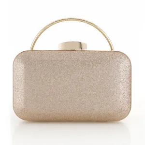Gold glitter evening clutch bag with metallic ring handle for women banquets weddings.