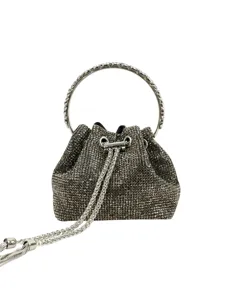 Rhinestone bucket evening bag for women, sparkling crystal round handle party clutch purse.