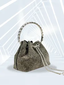 Sparkling rhinestone evening bag detail, metal ring handle and chain strap for parties.