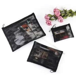 Black lace transparent cosmetic bag set, portable travel makeup pouch and toiletry storage case for women.