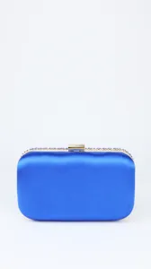 Blue satin evening clutch bag with rhinestone trim, elegant metal clasp purse for party dress.