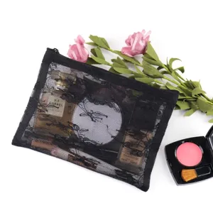 Black mesh lace cosmetic bag, portable travel zipper makeup pouch for women and girls daily use.