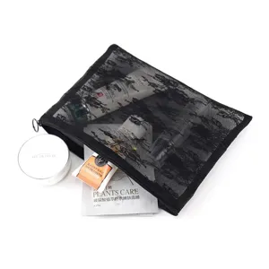 Black mesh cosmetic bag, small portable makeup pouch, zipper travel toiletries organizer.