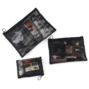 Black lace mesh cosmetic bag set, portable travel makeup storage pouch organizer.
