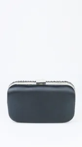 Black satin evening clutch bag with crystal trim and silver clasp for party dress.