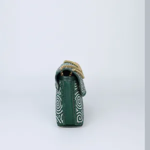 Green rhinestone shoulder bag side detail, sparkling evening clutch with metallic chain strap.