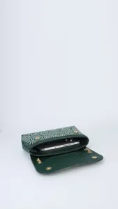 Green sparkly beaded evening shoulder bag detail showing interior capacity with phone.