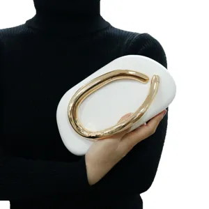 White evening clutch bag with chunky gold metal handle for women elegant party purse