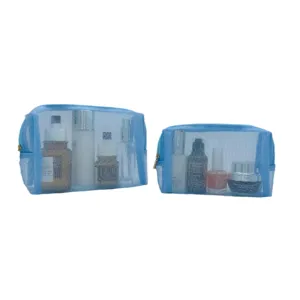 Ensemble de trousses de maquillage en filet bleu, pochette de rangement de voyage.