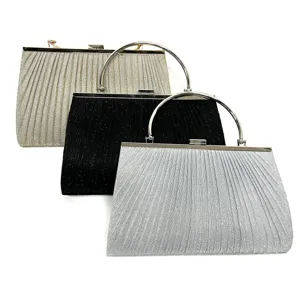 Close-up detail of the elegant pleated evening clutch bag with metallic round handle and clasp.