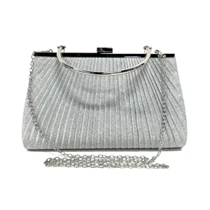 Silver glitter evening clutch bag with metal round handle and detachable chain strap detail.