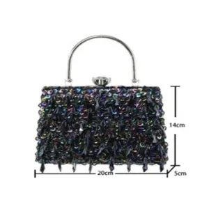 Detailed view of the sparkling sequin evening bag with crystal clasp and metal handle.