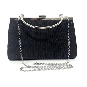 Elegant black glitter evening clutch bag with metal handle, pleated surface and chain.