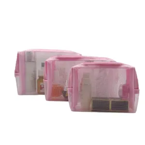 Ensemble de trousses de maquillage en maille rose, grand rangement de voyage portable.