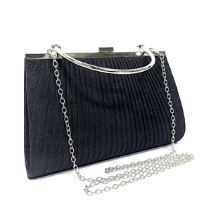Elegant pleated evening clutch bag with metal handle and shoulder chain for women parties.