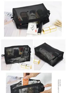 Detailed view of the black mesh cosmetic bag showcasing large capacity and transparent design.