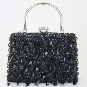 Women Evening Bag Luxury Sequined Beaded Clutch Purse Metallic Handle Crystal Lock Banquet Party Wedding Handbag