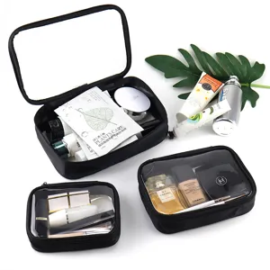 Clear cosmetic bag set, waterproof makeup organizer for travel and daily storage essentials.