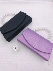Elegant pearl handle evening clutch bag, stylish black and purple party wedding hand bag.