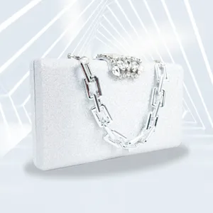 Silver glitter evening clutch bag for women with chunky chain strap and crystal clasp.