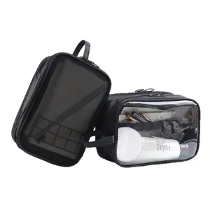 Black waterproof cosmetic bag set with mesh and transparent PVC design for daily travel.