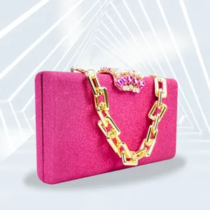 Pink glitter clutch bag for women elegant evening party purse with gold chain and crystals