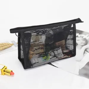 Black lace mesh cosmetic bag portable zipper storage pouch for travel makeup essentials skincare