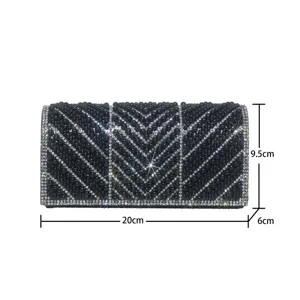 Black beaded rhinestone evening clutch bag sparkling crystal chevron pattern party handbag 20cm