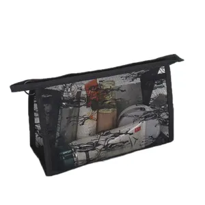 Transparent black mesh cosmetic bag, portable travel makeup pouch for women and girls.