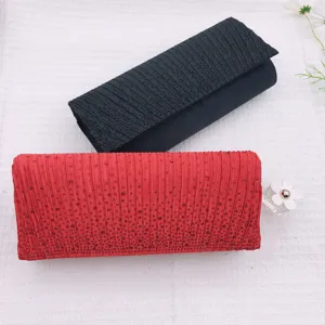 Women Pleated Evening Bag Rhinestone Clutch Purse Shiny Satin Handbag Wedding Party Chain Crossbody Bag