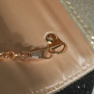 Detailed close-up of gold tone chain strap and metal hardware on evening bag satin lining.