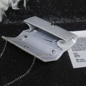 Silver rhinestone evening clutch bag, elegant crossbody chain purse for women party events