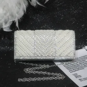 Elegant pearl rhinestone evening clutch bag with detachable metal chain strap for women