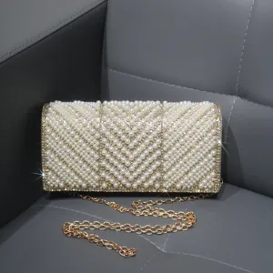 Elegant pearl rhinestone evening clutch bag with golden chain strap for women party dress.