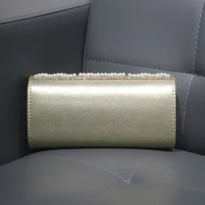Stunning gold satin evening bag with pearl and rhinestone top edge for women formal parties.