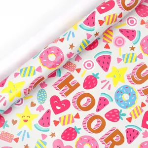 Colorful cartoon gift wrapping paper roll with cute donut candy and fruit patterns for parties.