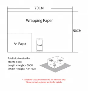 Papier cadeau rose métallique brillant guide des tailles image de détail avec dimensions.