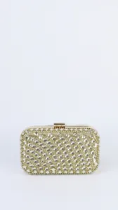 Gold rhinestone evening clutch bag with metal clasp, sparkling detail for party and wedding.
