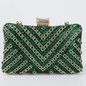 Elegant green rhinestone evening clutch bag for women party prom wedding luxury purse.