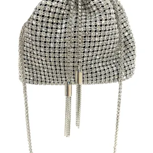 Sparkling silver rhinestone evening bag with chain strap and elegant metallic tassel pendant details.
