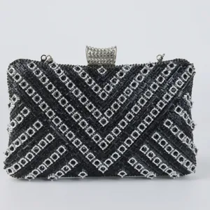Elegant black rhinestone evening clutch bag for women, sparkling party dress handbag main view