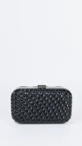 Black crystal evening clutch bag detail, elegant rhinestone studded hard shell purse for parties.