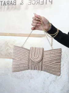 Women Rhinestone Pearl Bowknot Evening Bag Luxury Beaded Clutch Bag Elegant Wedding Party Shoulder Crossbody Bag