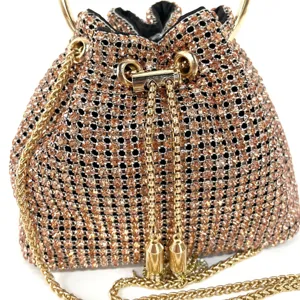 Close-up detail view of luxury sparkling rhinestone evening bag with elegant gold hardware.