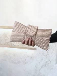 Elegant pearl beaded evening clutch bag with bow design for women formal banquet party