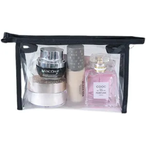 Clear waterproof travel cosmetic bag set with portable storage design and multiple bottles inside.