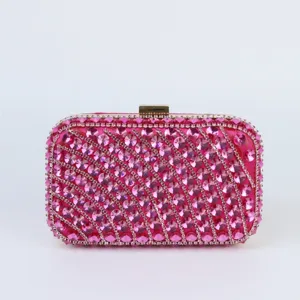 Pink rhinestone evening clutch bag, crystal hard-case party purse for women wedding dress.