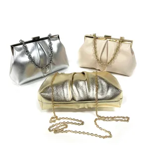 Elegant metallic evening clutch bag with chain strap for women party wedding prom handbag.
