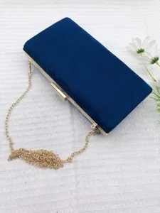 Elegant dark blue velvet evening clutch bag with gold chain strap for women parties.